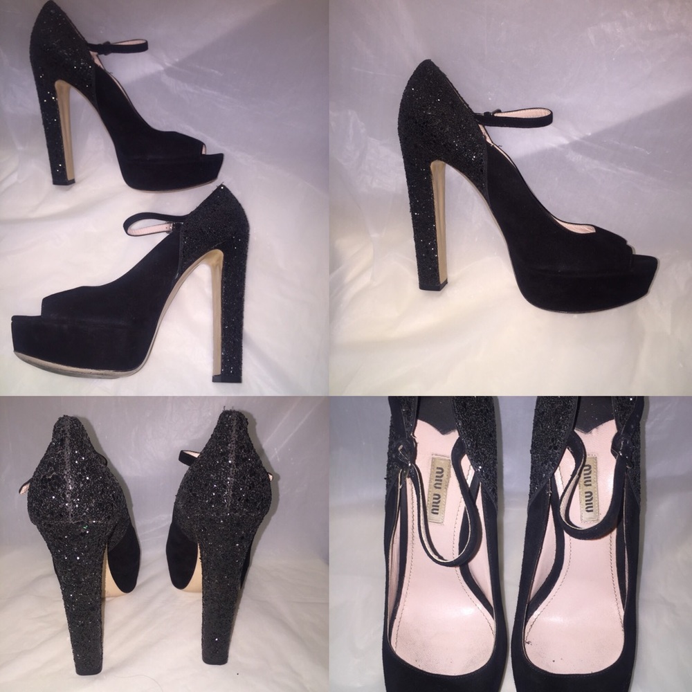 Miu Miu Isabelle Glitter Suede Peep Toe Heels - image 4
